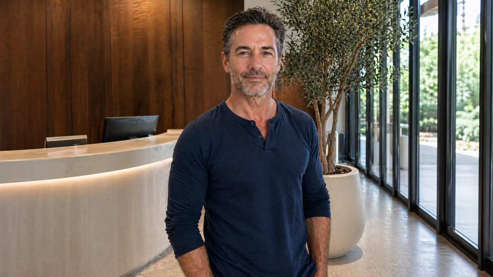 An Allure RT MX hair-transplant patient with a full natural hairline in a clinic lobby