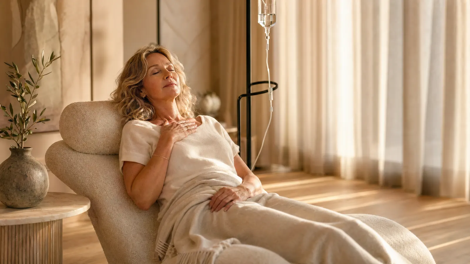 A patient receiving a calm sun-lit regenerative treatment session at Allure RT MX
